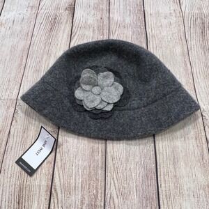 Nine West Womens Charcoal Gray‎ Wool Blend Cloche Bucket Hat with Flower Detail